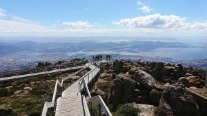 Visitors enjoying the spectacular views from a lookout on the summit of kunanyi/Mt Wellington.
