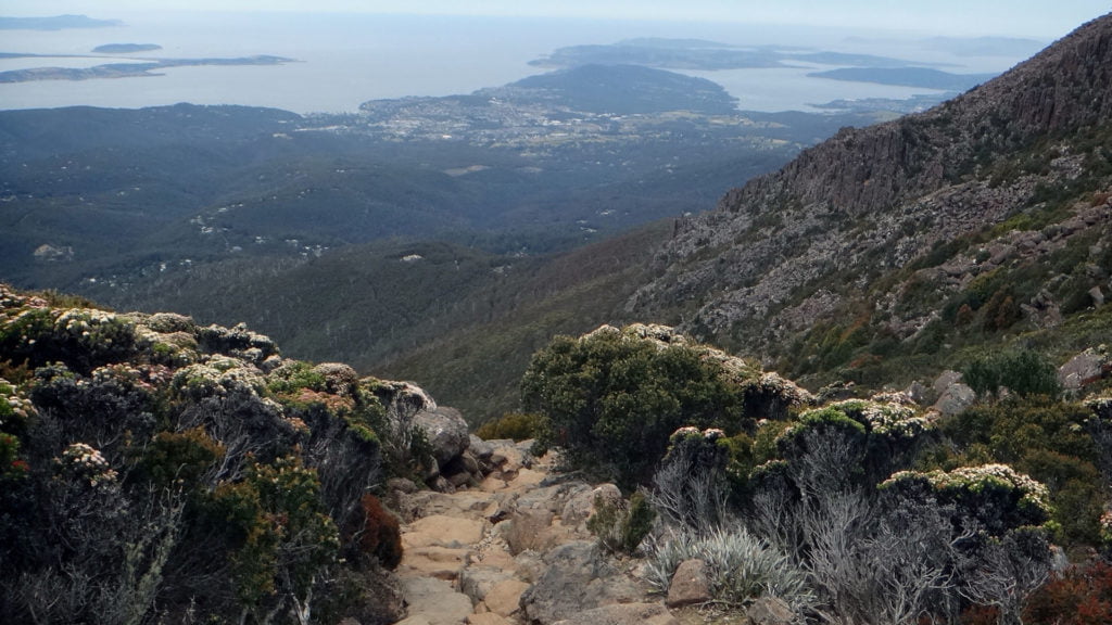 An aerial view over Hobart from the Zig Zag Track